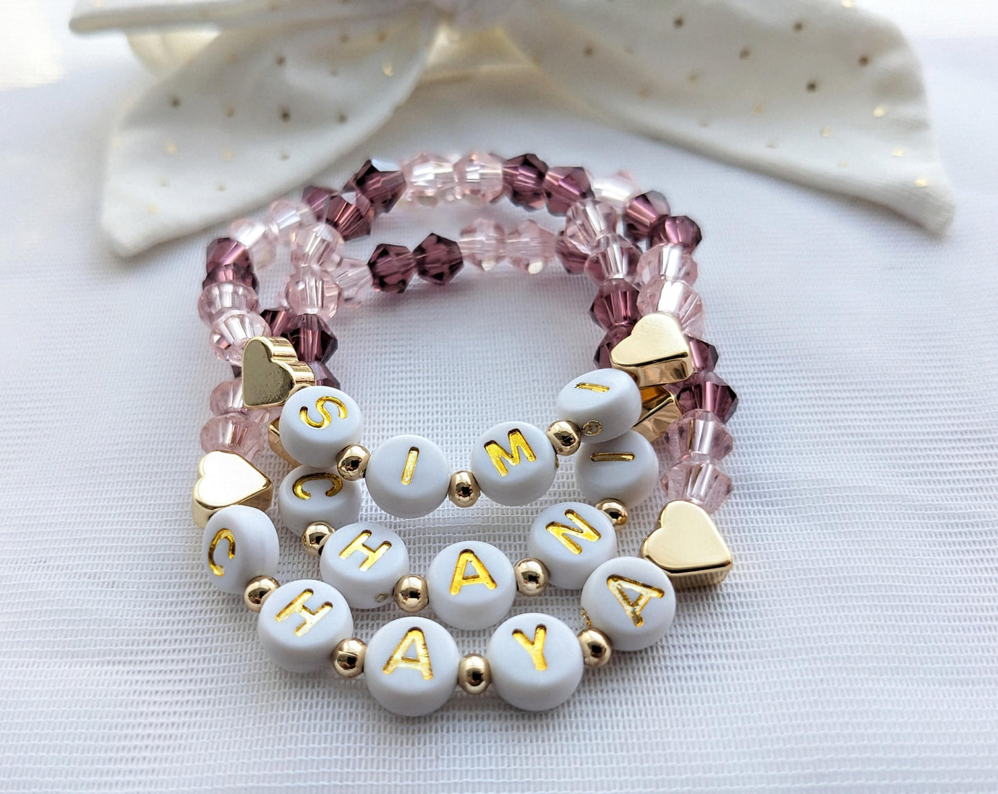 Matching little sisters child bracelets - pink crystals and gold plated