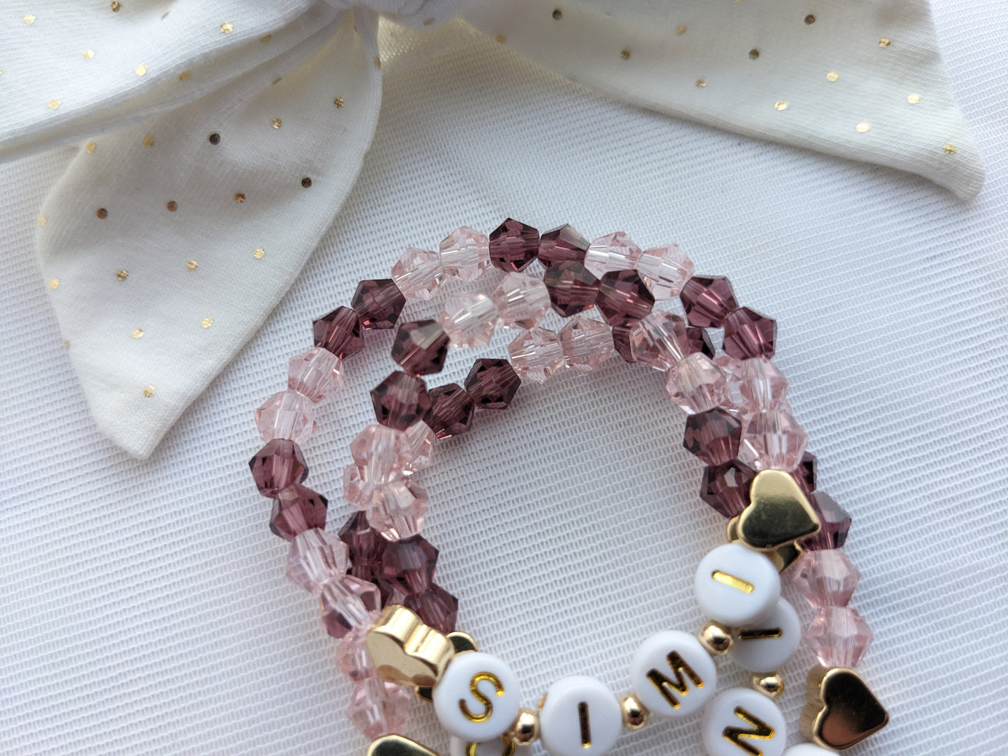 Matching little sisters child bracelets - pink crystals and gold plated