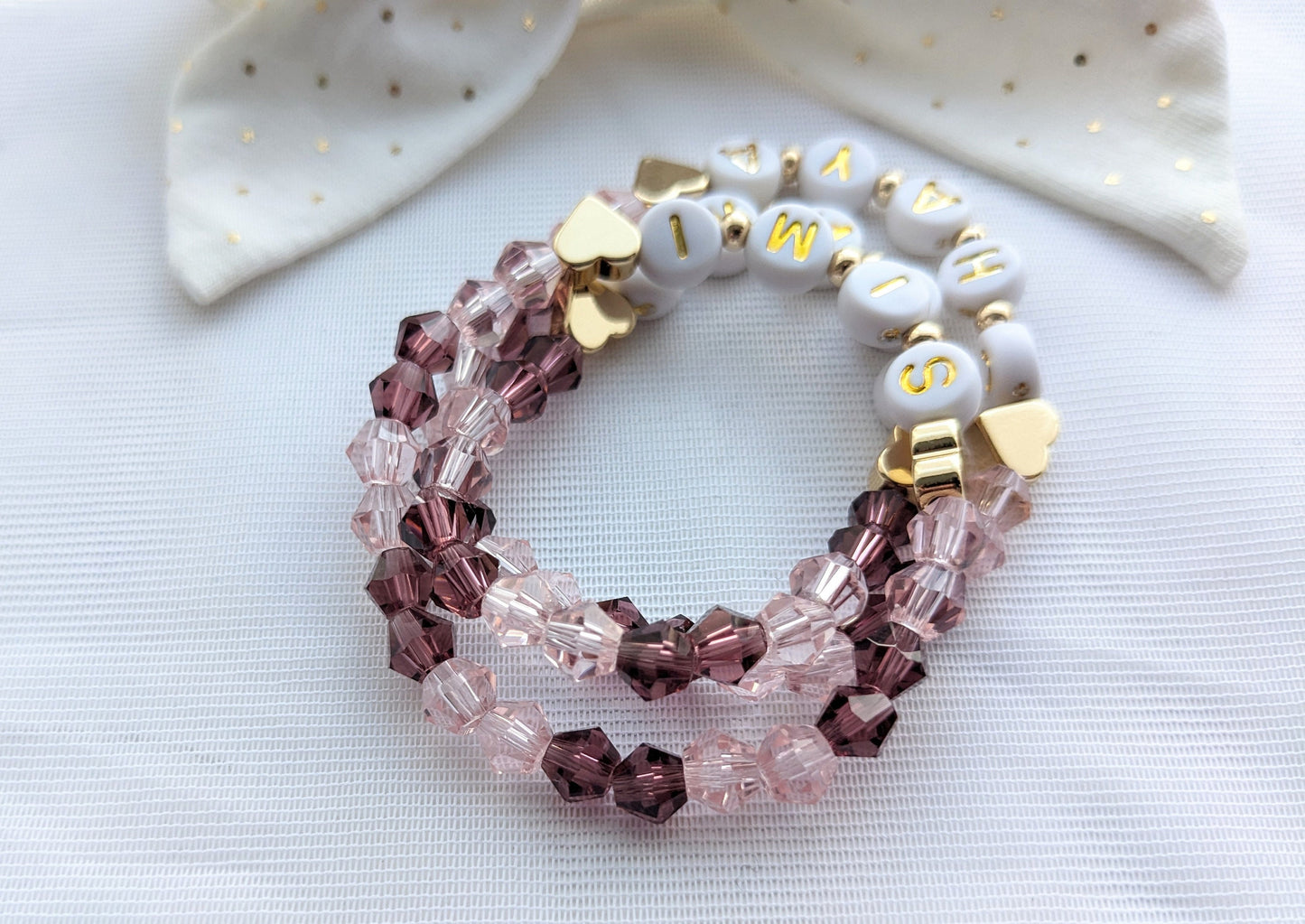 Matching little sisters child bracelets - pink crystals and gold plated