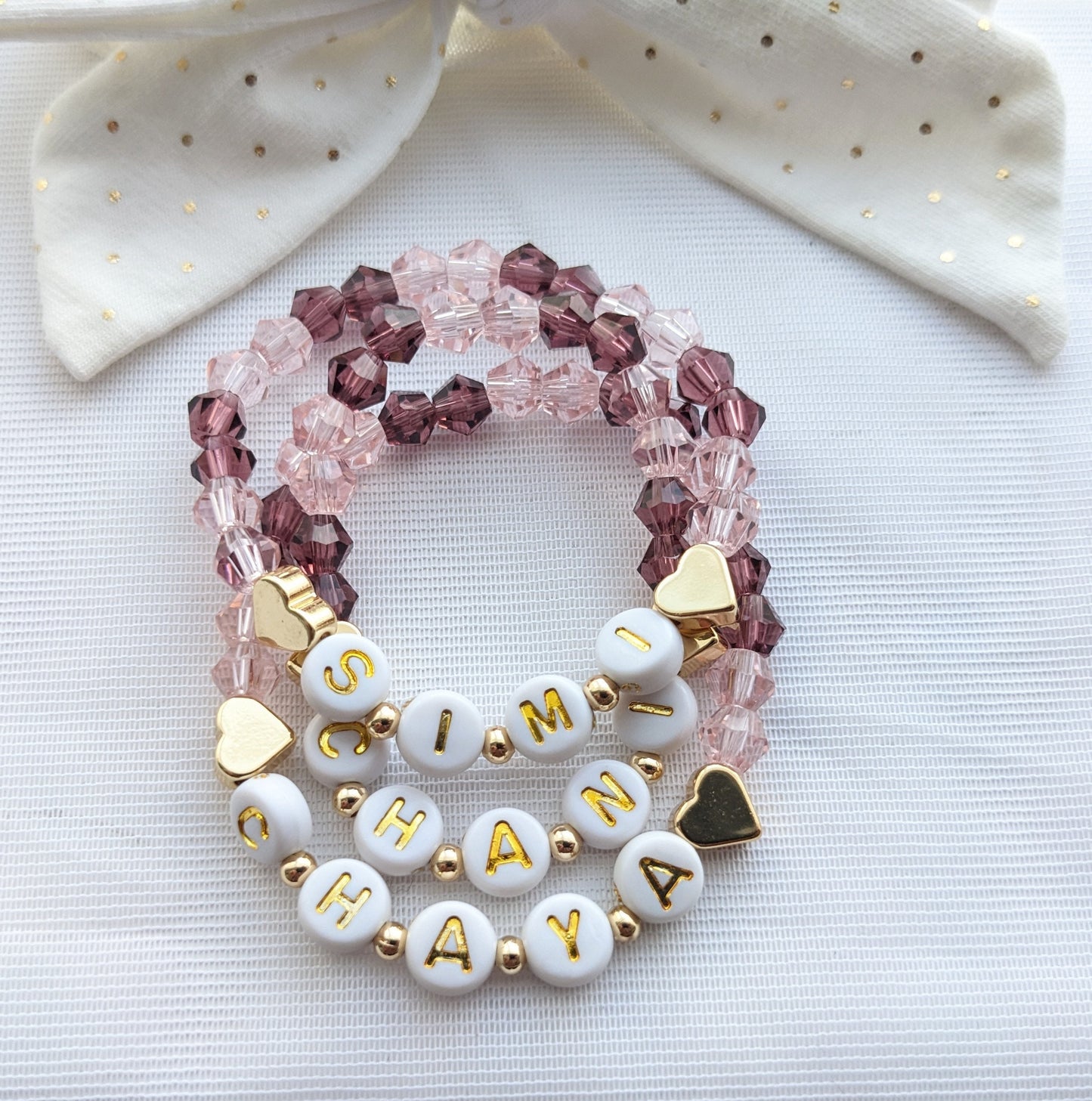 Matching little sisters child bracelets - pink crystals and gold plated